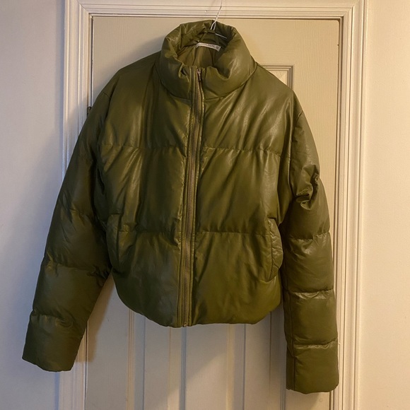 Olive green faux leather puffer jacket - Picture 3 of 6